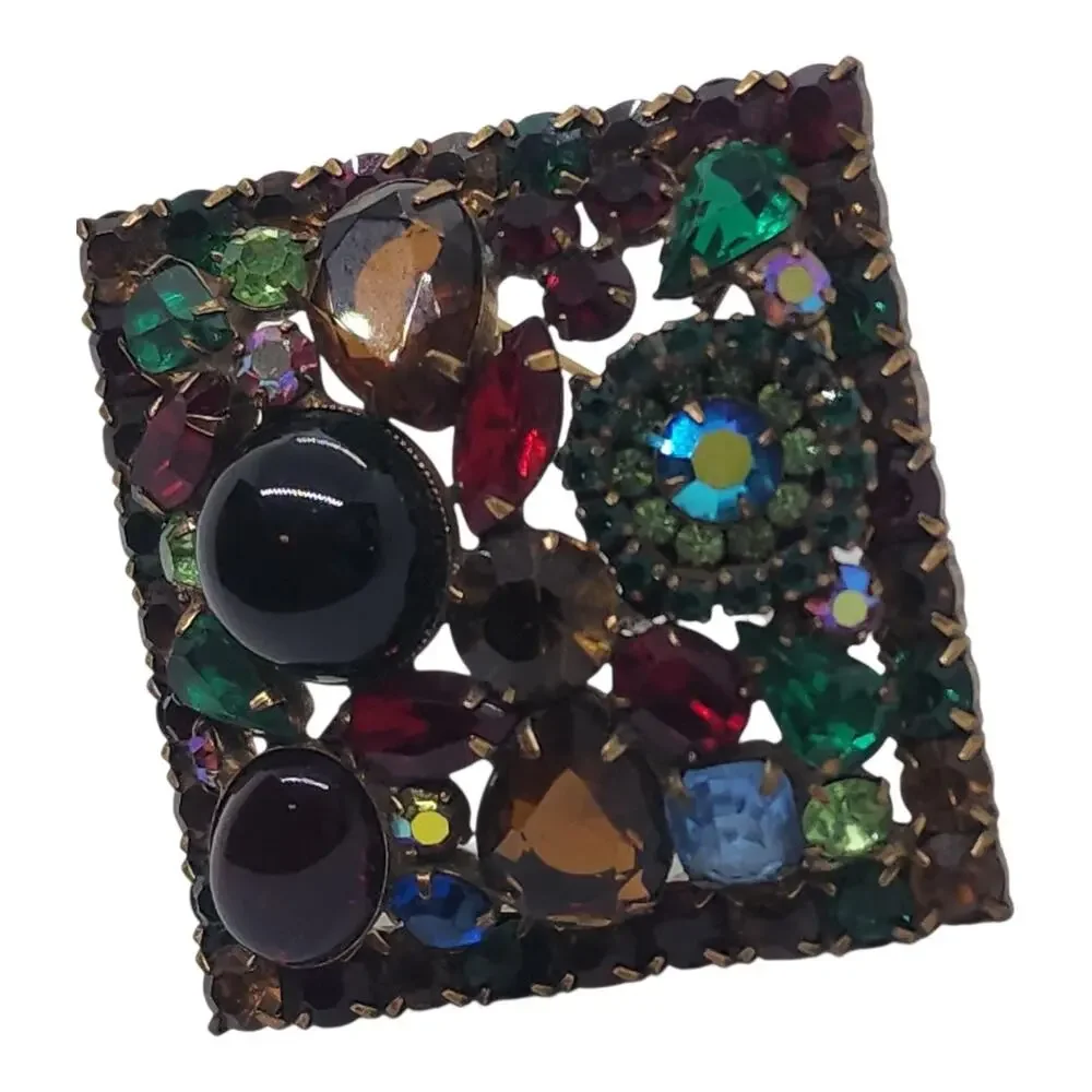 Vintage HUGE Weiss Fruit Salad Rhinestone Cabochon Square Multicolor Unsigned